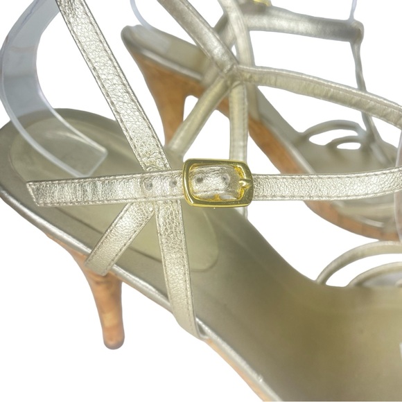 Lauren Ralph Lauren Trina Gold Metallic Multi T strap cork sole heel size 9 - Picture 6 of 10